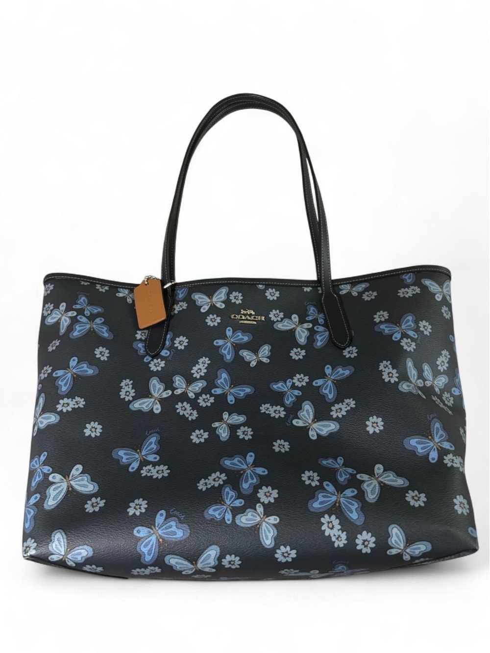 Coach Black Leather Tote with Blue Butterfly Print